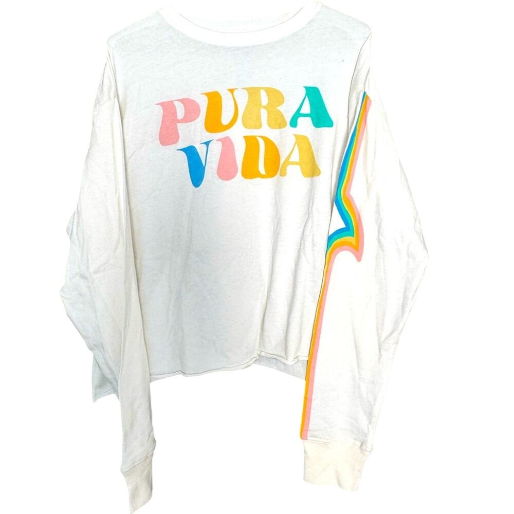 Pura Vida White Long Sleeve Logo Shirt Sz S Petite Soft Vaca Resort